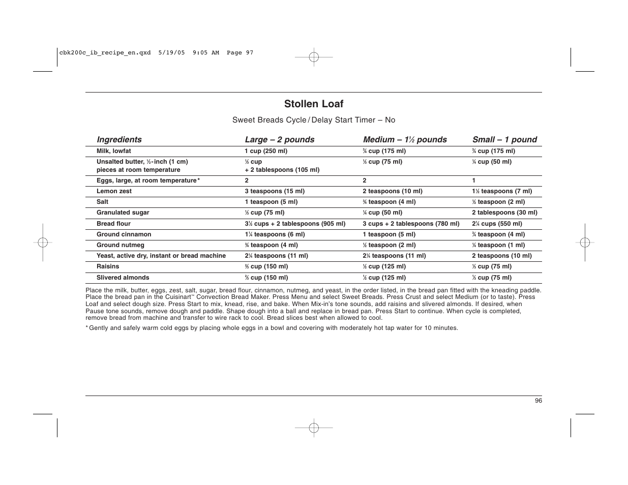 Stollen loaf, Pounds small – 1 pound | Cuisinart CBK-200C User Manual | Page 97 / 114