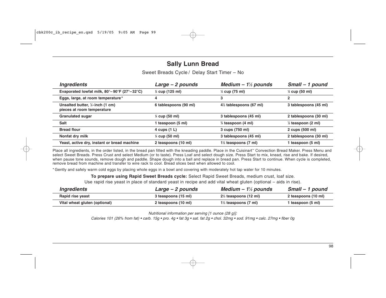 Sally lunn bread, Pounds small – 1 pound, Ingredients large – 2 pounds medium – 1 | Cuisinart CBK-200C User Manual | Page 99 / 114