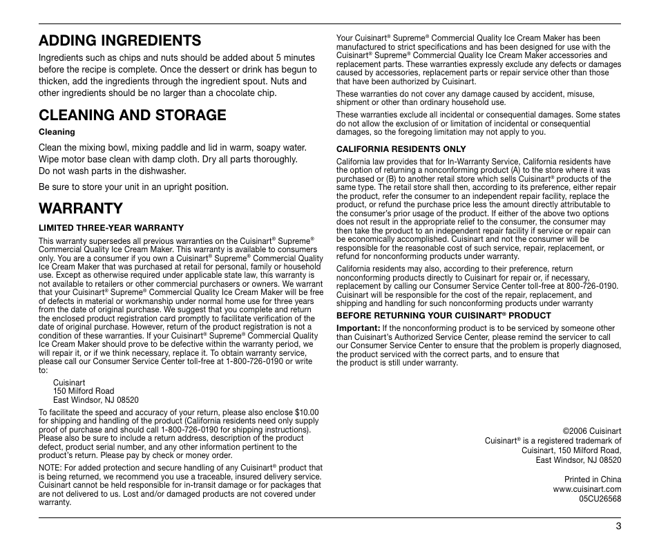 Adding ingredients, Cleaning and storage, Warranty | Cuisinart ICE-50BC User Manual | Page 4 / 5