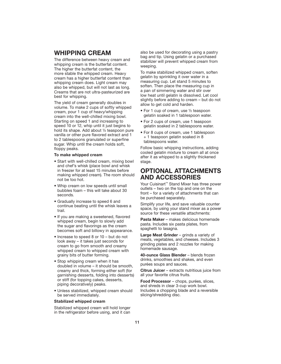Whipping cream, Optional attachments and accessories | Cuisinart SM-55 User Manual | Page 11 / 12