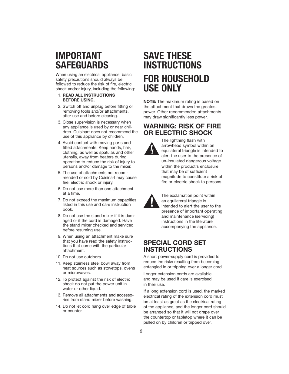 Important safeguards, Save these instructions for household use only, Warning: risk of fire or electric shock | Special cord set instructions | Cuisinart SM-55 User Manual | Page 2 / 12