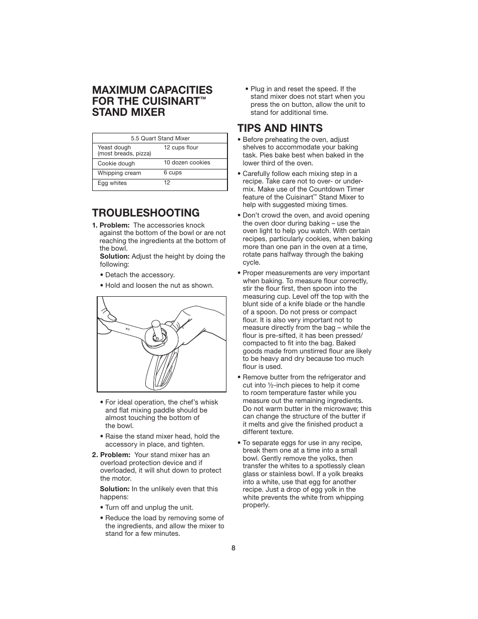 Maximum capacities for the cuisinart, Stand mixer troubleshooting, Tips and hints | Cuisinart SM-55 User Manual | Page 8 / 12