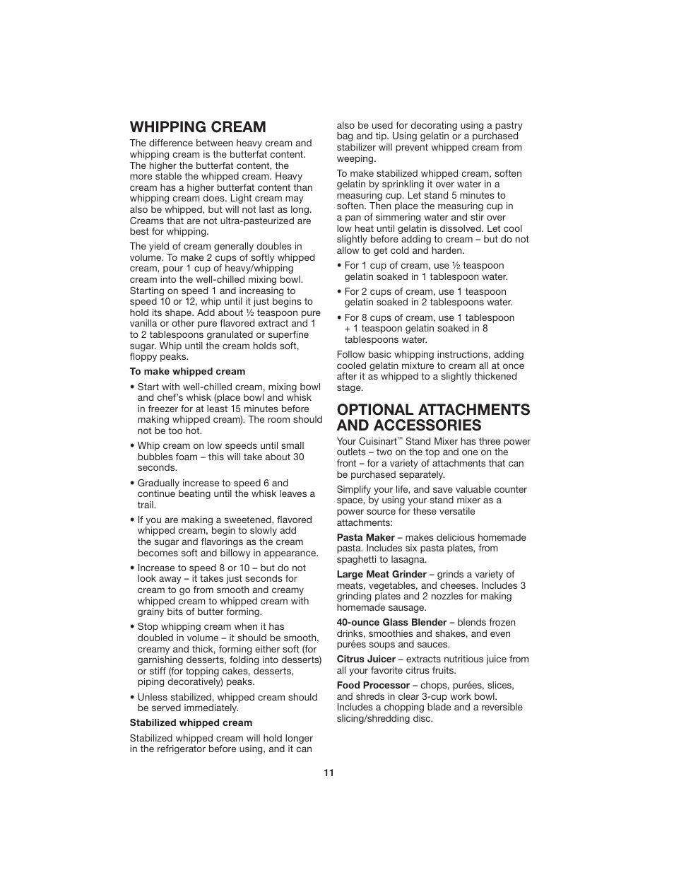 Whipping cream, Optional attachments and accessories | Cuisinart SM-70 User Manual | Page 11 / 12