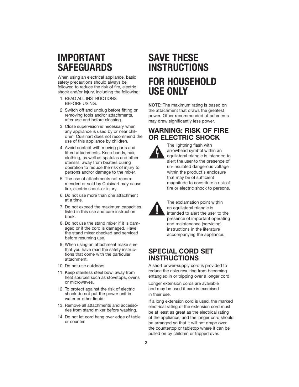 Important safeguards, Save these instructions for household use only, Warning: risk of fire or electric shock | Special cord set instructions | Cuisinart SM-70 User Manual | Page 2 / 12