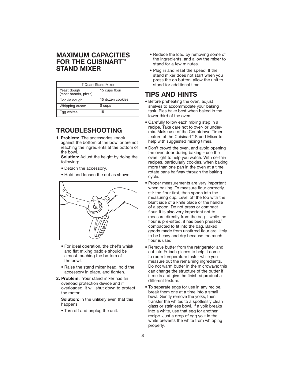 Maximum capacities for the cuisinart, Stand mixer troubleshooting, Tips and hints | Cuisinart SM-70 User Manual | Page 8 / 12