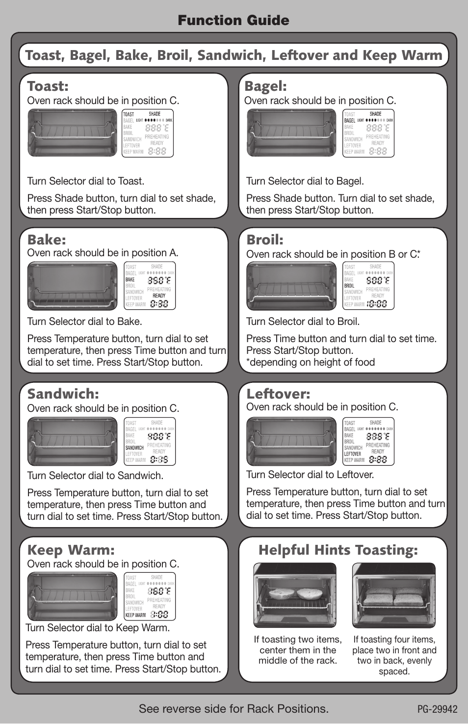 Bake, Broil, Sandwich | Leftover, Keep warm, Helpful hints toasting, Bagel, Function guide | Cuisinart Compact Digital Toaster Oven Broiler PG-29942 User Manual | Page 2 / 2