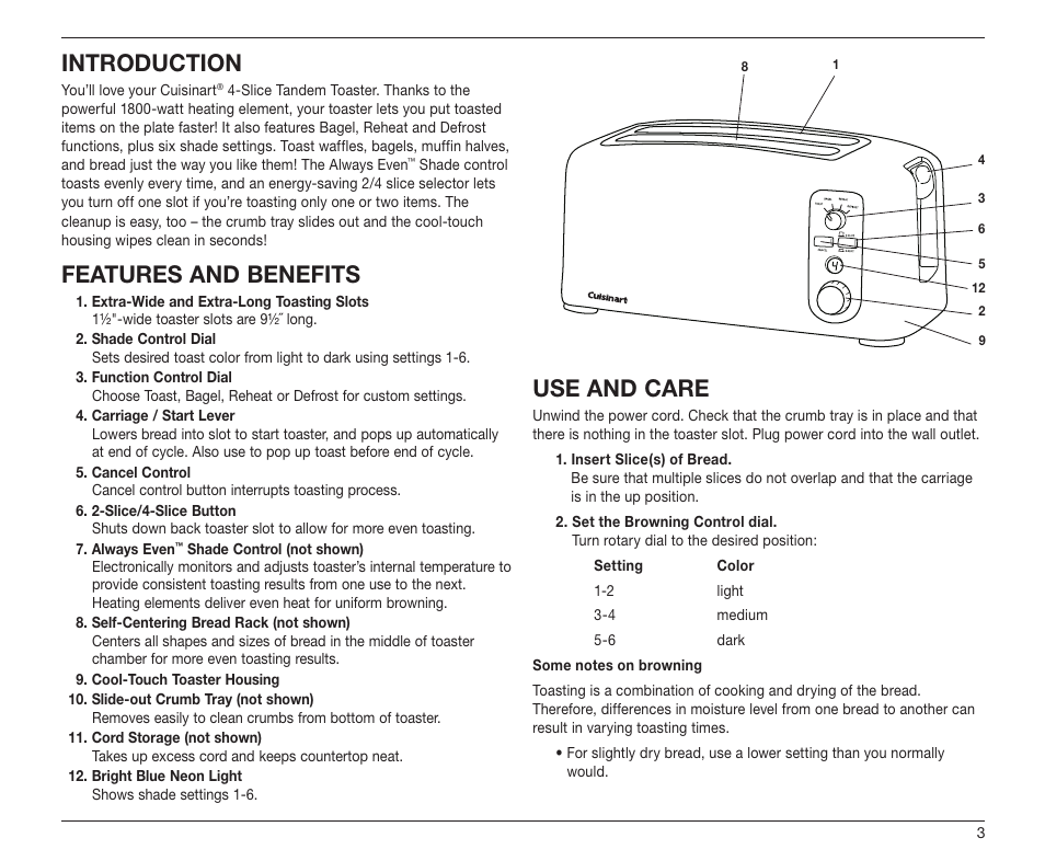 Introduction, Features and benefits, Use and care | Cuisinart TAN-4 User Manual | Page 3 / 9