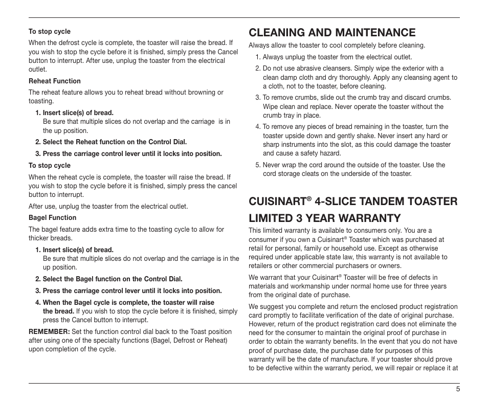 Cleaning and maintenance, Cuisinart, Slice tandem toaster limited 3 year warranty | Cuisinart TAN-4 User Manual | Page 5 / 9