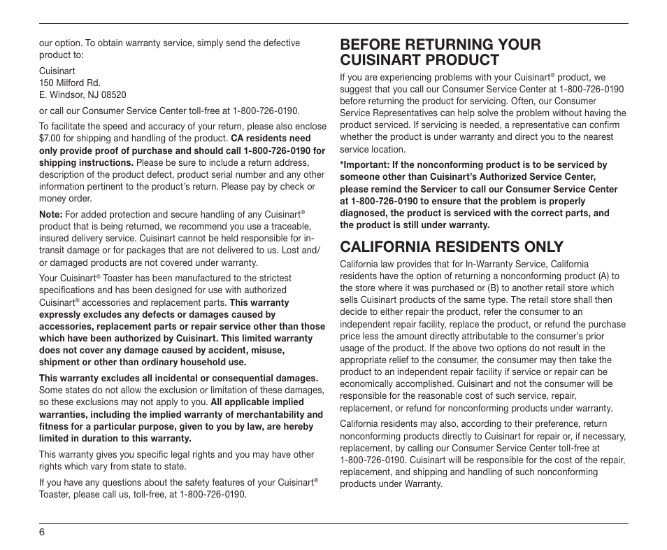 Before returning your cuisinart product, California residents only | Cuisinart TAN-4 User Manual | Page 6 / 9