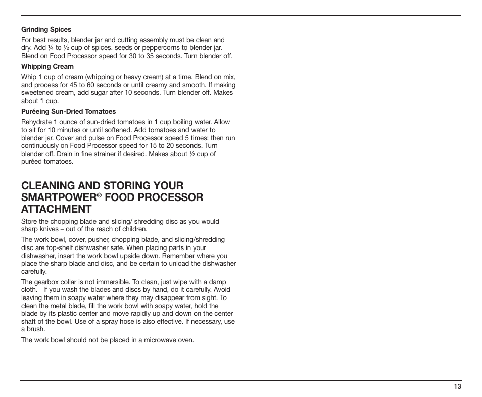 Cleaning and storing your smartpower, Food processor attachment | Cuisinart SmartPower Duet SMT0025IB-1-1 User Manual | Page 13 / 33