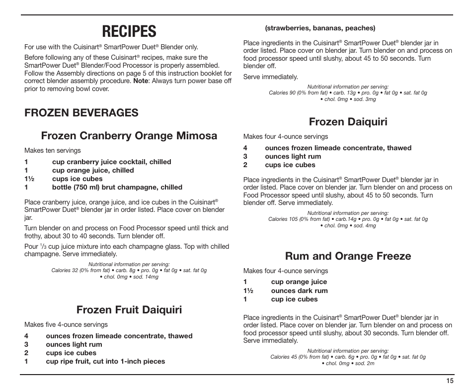 Recipes, Frozen beverages frozen cranberry orange mimosa, Frozen fruit daiquiri | Frozen daiquiri, Rum and orange freeze | Cuisinart SmartPower Duet SMT0025IB-1-1 User Manual | Page 15 / 33