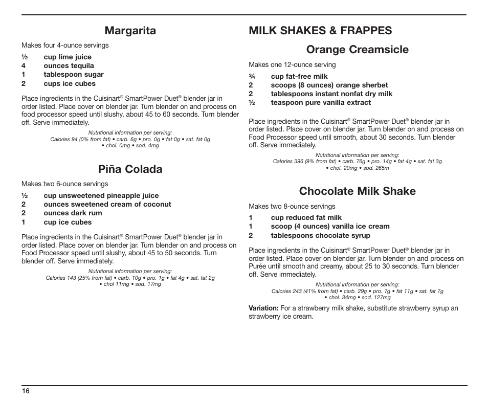 Margarita, Piña colada, Milk shakes & frappes orange creamsicle | Chocolate milk shake | Cuisinart SmartPower Duet SMT0025IB-1-1 User Manual | Page 16 / 33