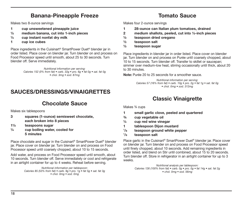Banana-pineapple freeze, Sauces/dressings/vinaigrettes chocolate sauce, Tomato sauce | Classic vinaigrette | Cuisinart SmartPower Duet SMT0025IB-1-1 User Manual | Page 18 / 33
