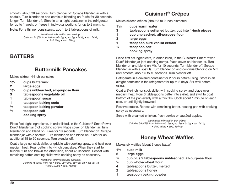 Batters buttermilk pancakes, Cuisinart, Crêpes | Honey wheat waffles | Cuisinart SmartPower Duet SMT0025IB-1-1 User Manual | Page 20 / 33