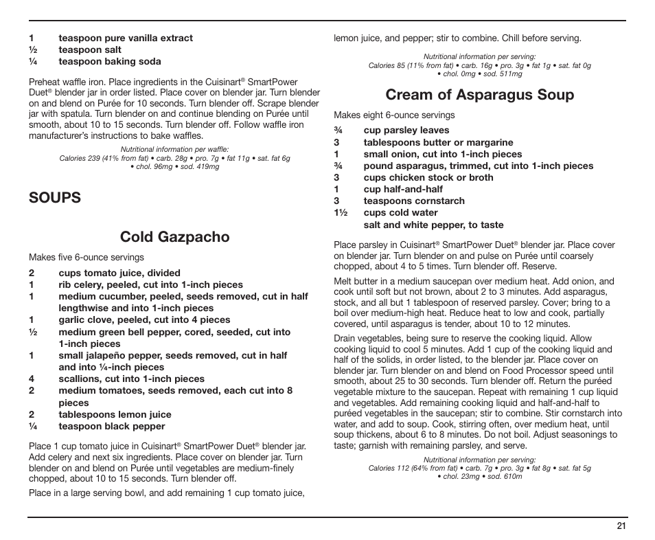 Soups, Cold gazpacho, Cream of asparagus soup | Cuisinart SmartPower Duet SMT0025IB-1-1 User Manual | Page 21 / 33