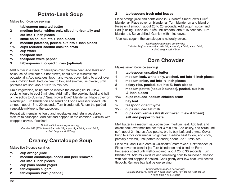 Potato-leek soup, Creamy cantaloupe soup, Corn chowder | Cuisinart SmartPower Duet SMT0025IB-1-1 User Manual | Page 22 / 33