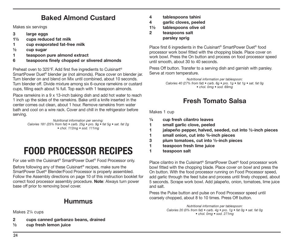 Food processor recipes, Baked almond custard, Hummus | Fresh tomato salsa | Cuisinart SmartPower Duet SMT0025IB-1-1 User Manual | Page 24 / 33