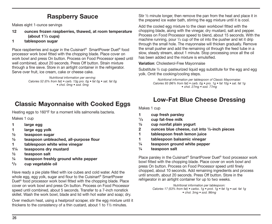 Raspberry sauce, Classic mayonnaise with cooked eggs, Low-fat blue cheese dressing | Cuisinart SmartPower Duet SMT0025IB-1-1 User Manual | Page 26 / 33
