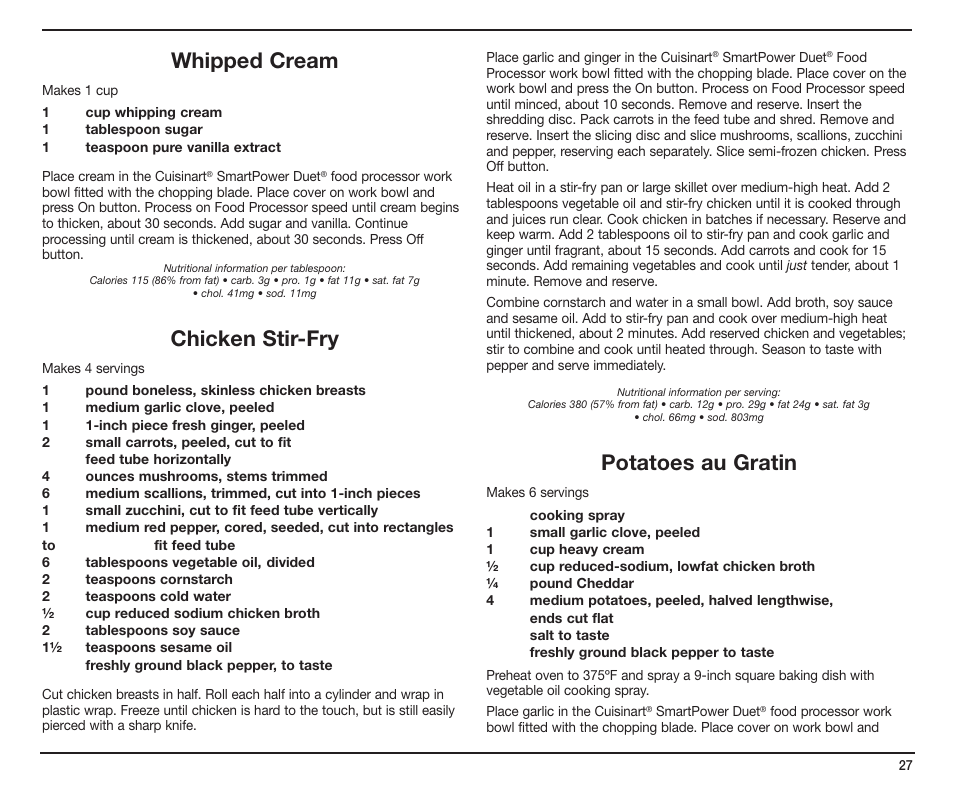 Whipped cream, Chicken stir-fry, Potatoes au gratin | Cuisinart SmartPower Duet SMT0025IB-1-1 User Manual | Page 27 / 33