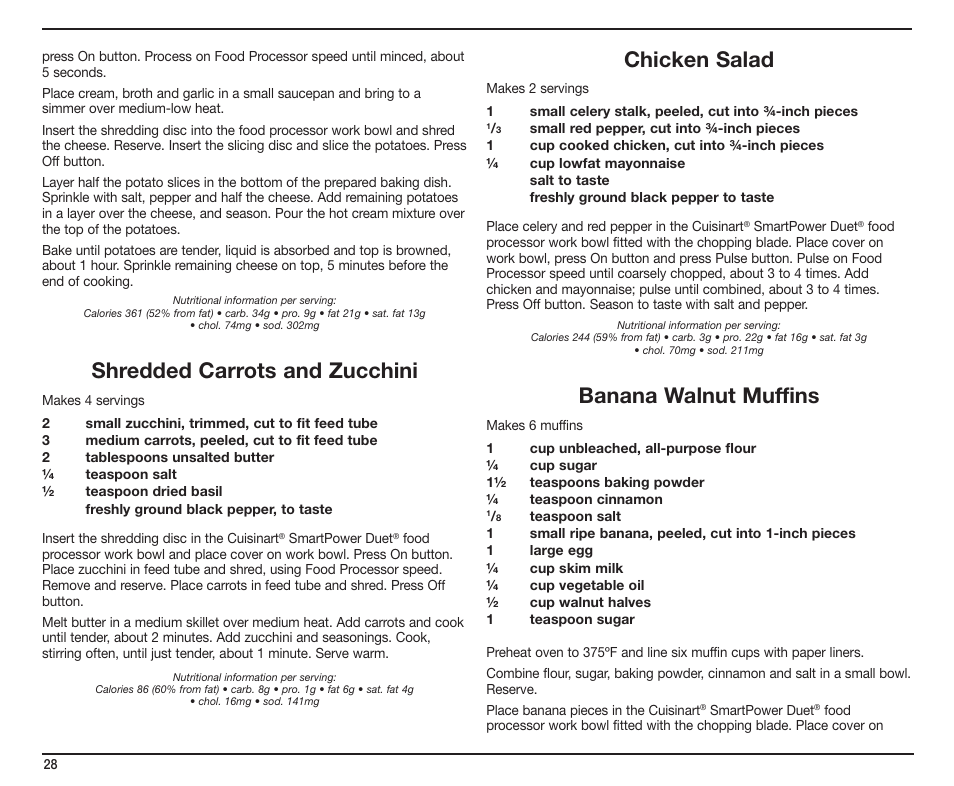 Shredded carrots and zucchini, Chicken salad, Banana walnut muffins | Cuisinart SmartPower Duet SMT0025IB-1-1 User Manual | Page 28 / 33