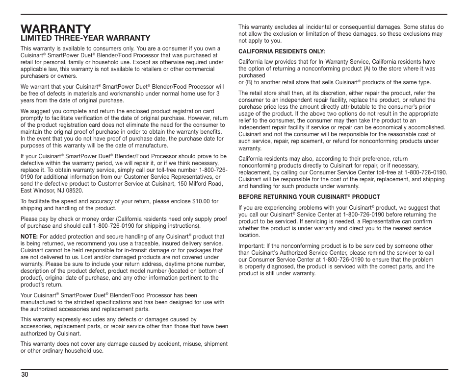 Warranty, Limited three-year warranty | Cuisinart SmartPower Duet SMT0025IB-1-1 User Manual | Page 30 / 33