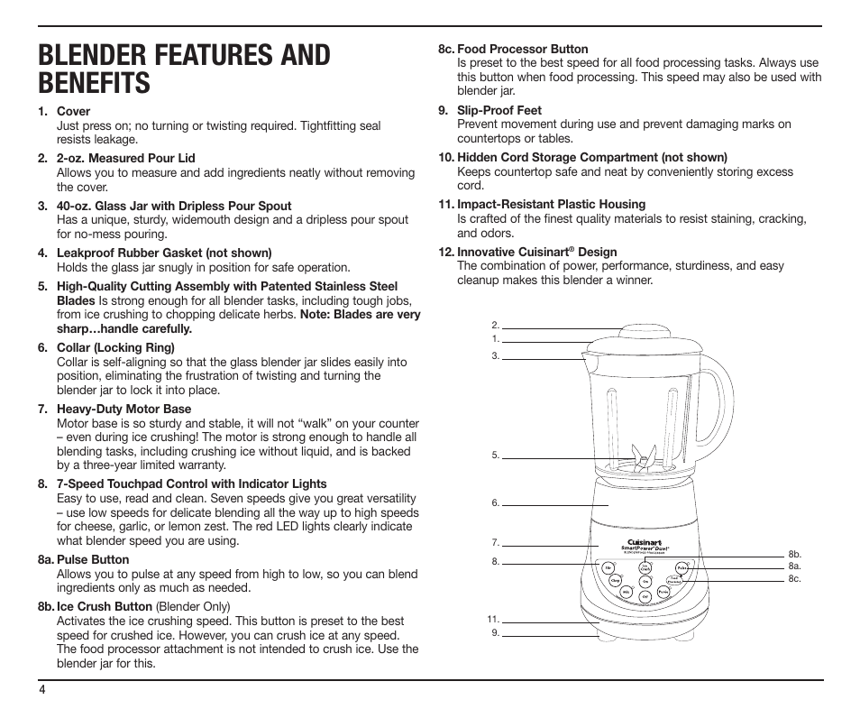 Blender features and benefits | Cuisinart SmartPower Duet SMT0025IB-1-1 User Manual | Page 4 / 33