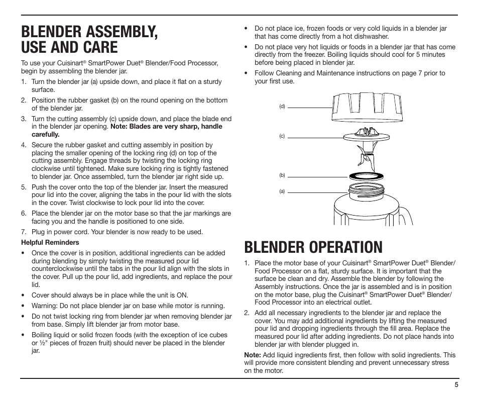 Blender assembly, use and care, Blender operation | Cuisinart SmartPower Duet SMT0025IB-1-1 User Manual | Page 5 / 33