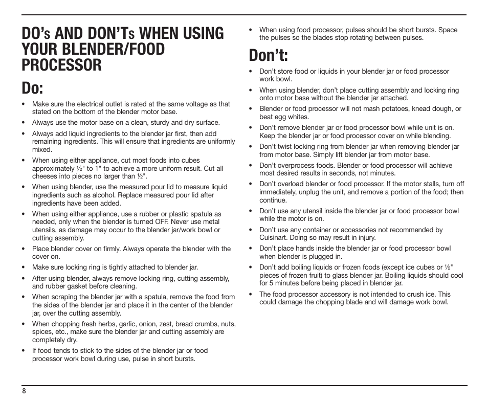 And don’t, When using your blender/food processor do, Don’t | Cuisinart SmartPower Duet SMT0025IB-1-1 User Manual | Page 8 / 33