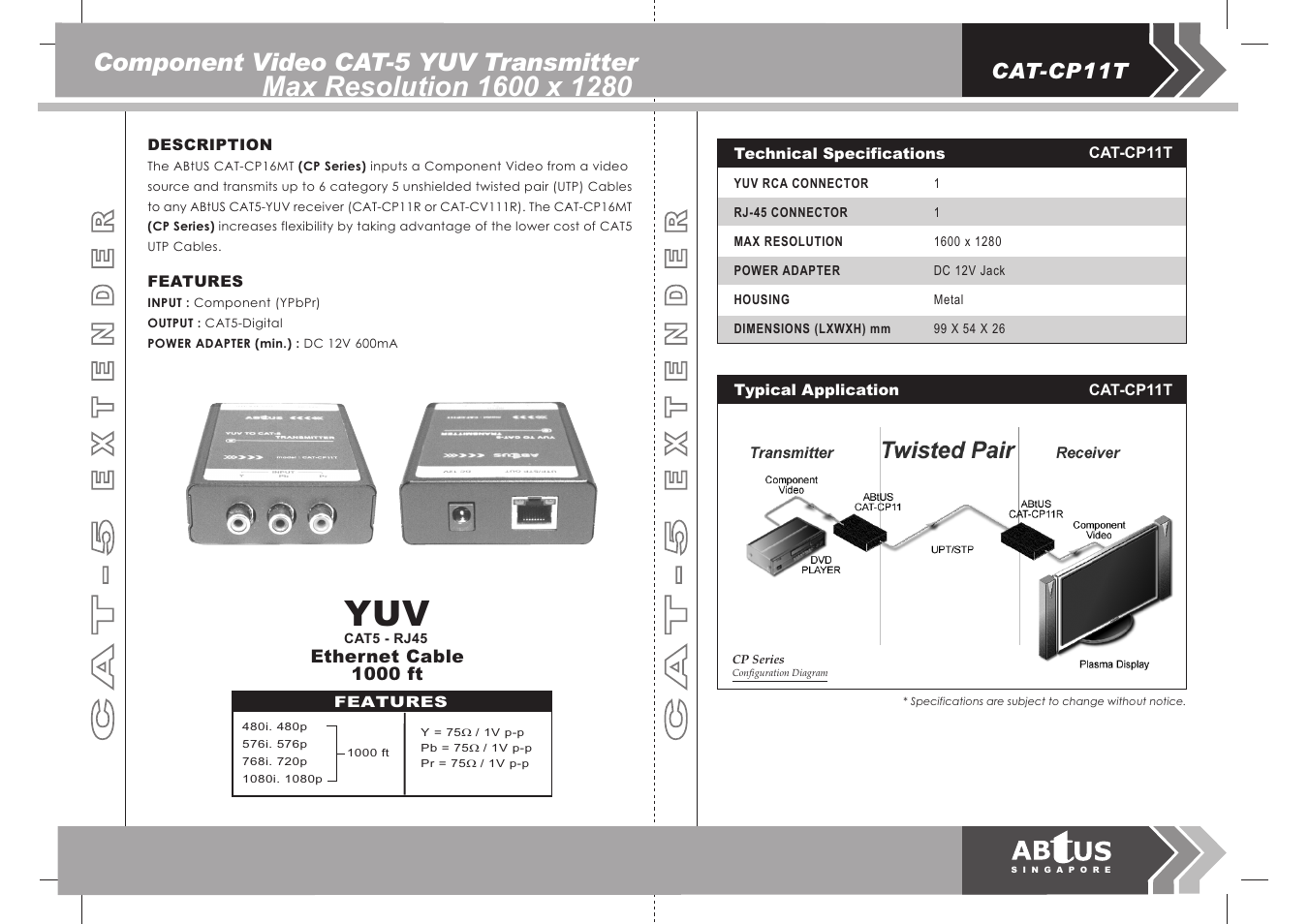 Component video cat-5 yuv transmitter, Cat-cp11t | ABtUS CAT-CP11T User Manual | Page 2 / 2