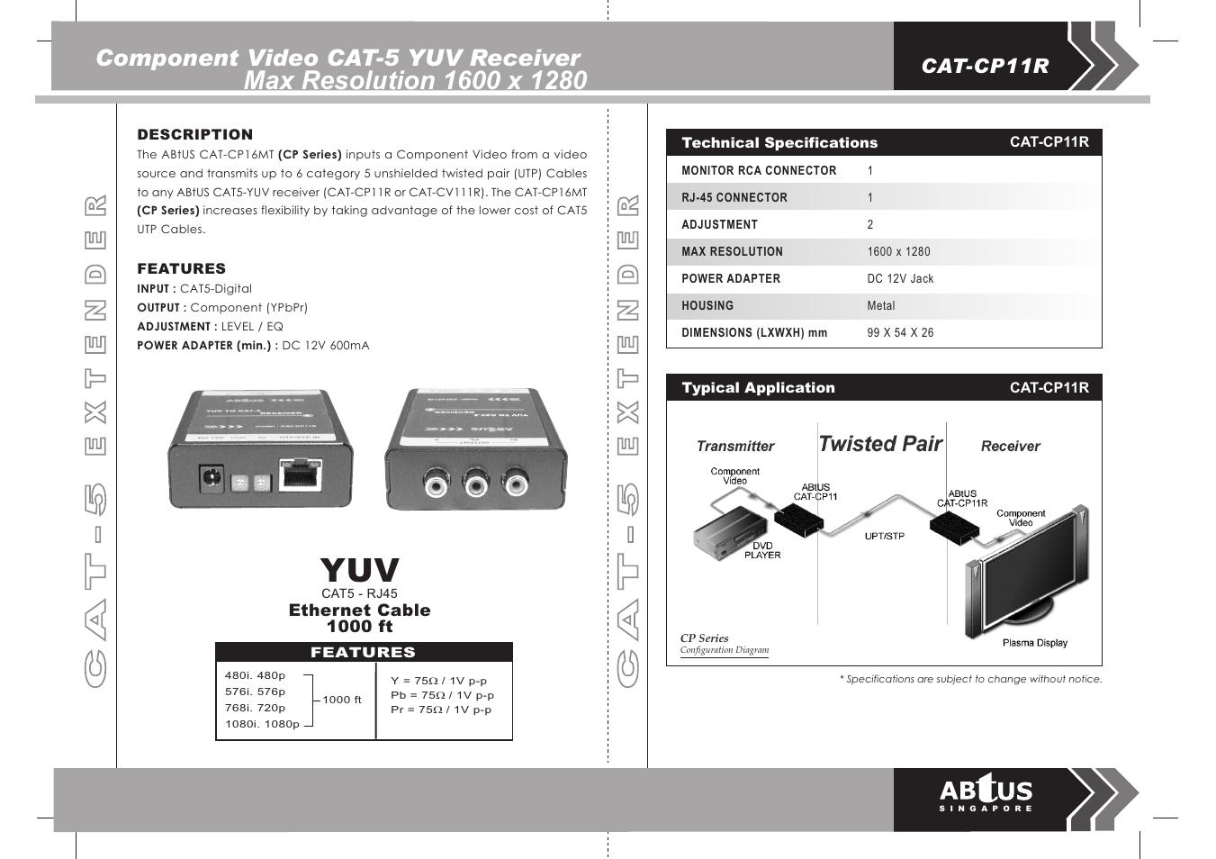 Component video cat-5 yuv receiver, Cat-cp11r | ABtUS CAT-CP11R User Manual | Page 2 / 2