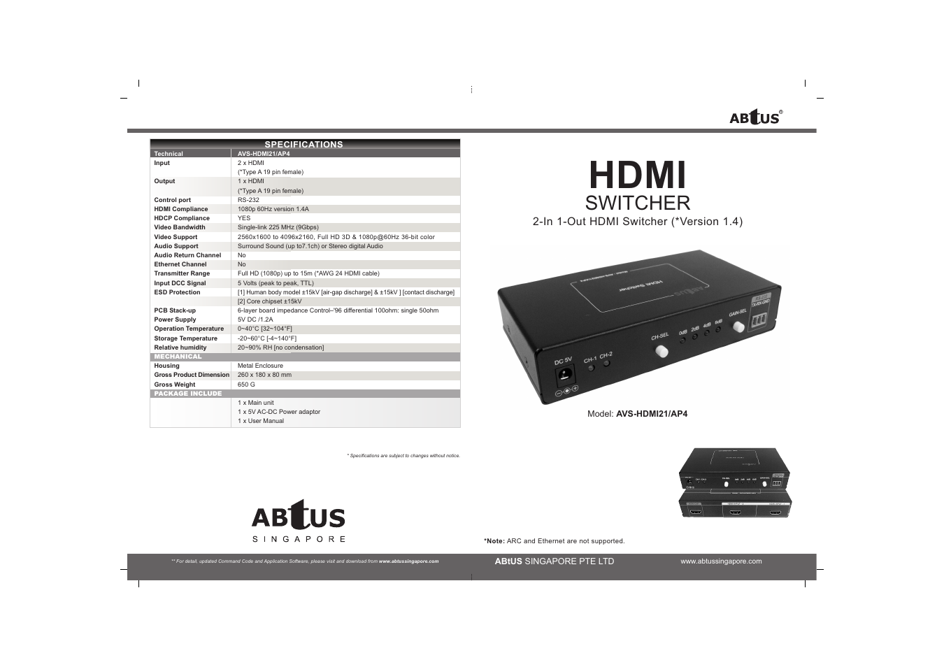 ABtUS AVS-HDMI21/AP4 User Manual | 2 pages