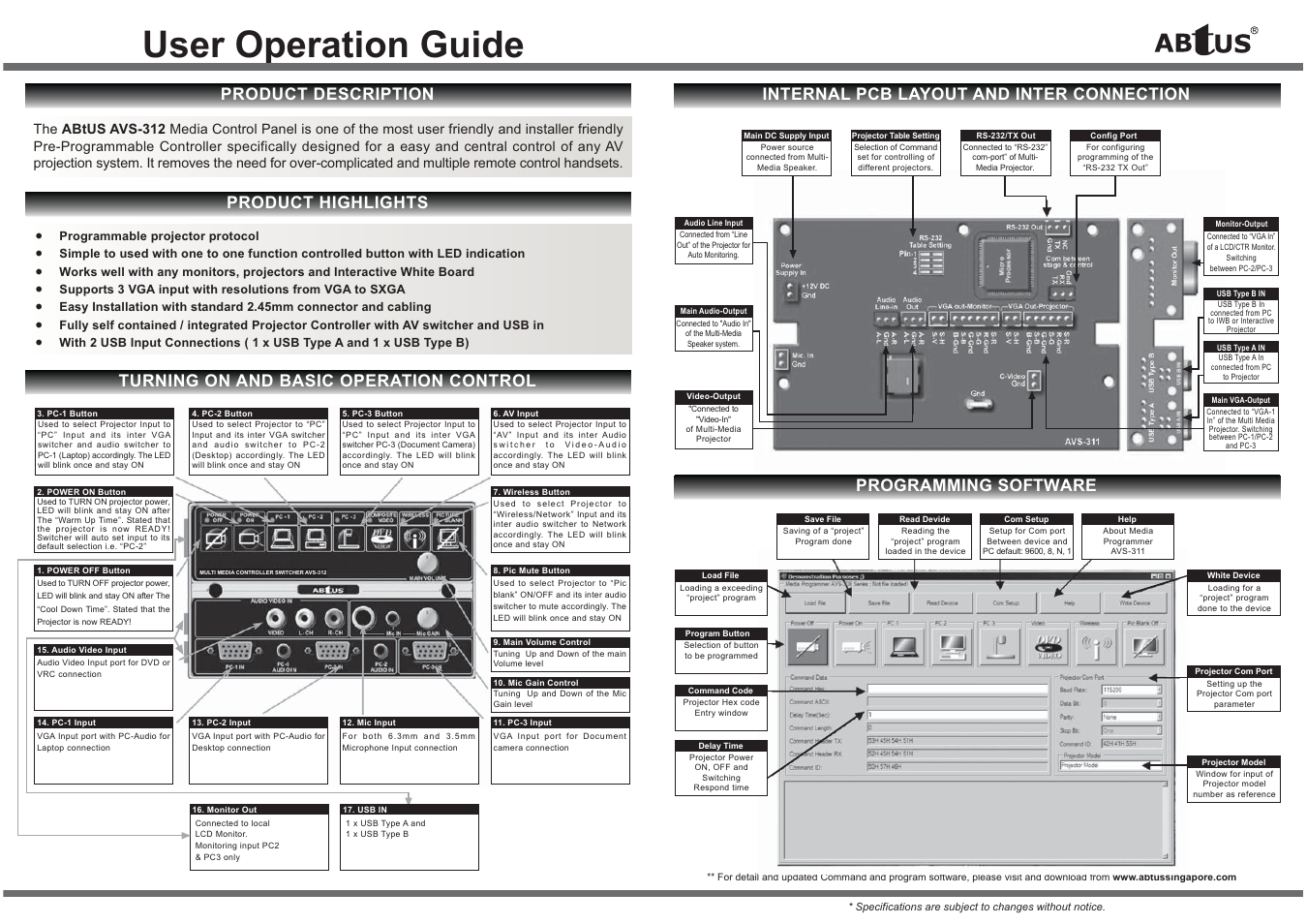 User operation guide, Product highlights product description, Programming software | ABtUS AVS-312 User Manual | Page 2 / 2