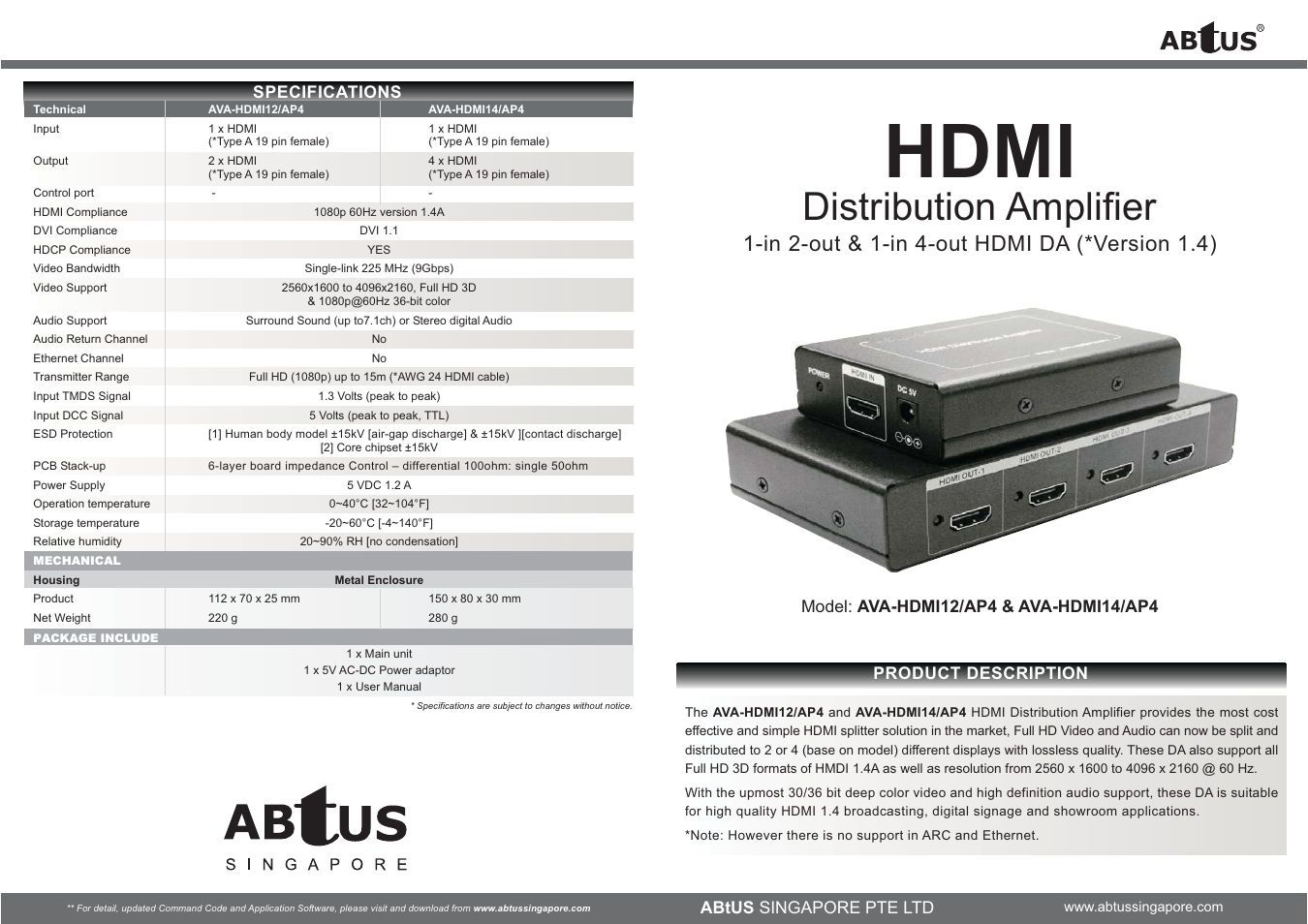 ABtUS AVA-HDMI14/AP4 User Manual | 2 pages