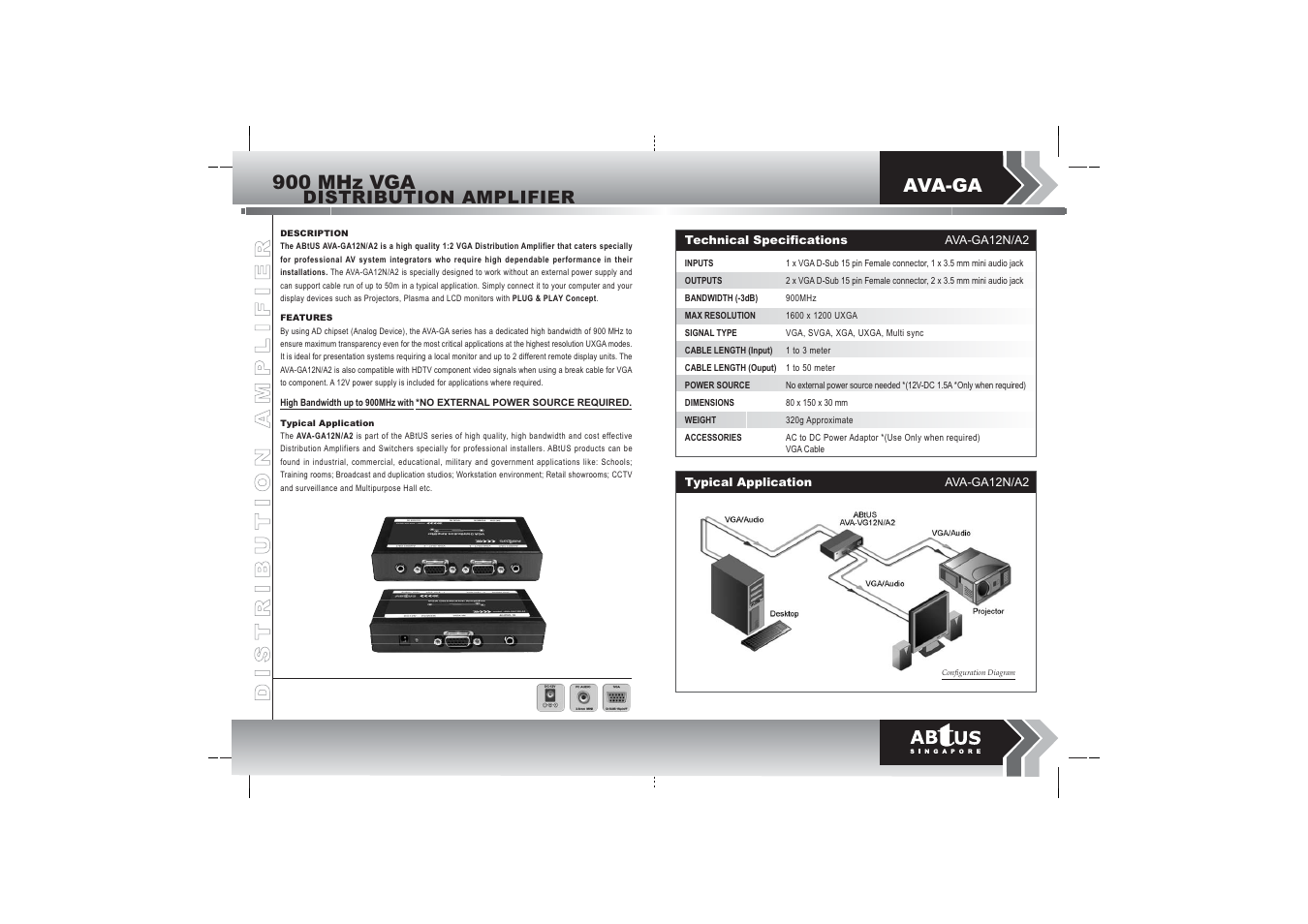 900 mhz vga, Ava-ga, Distribution amplifier | ABtUS AVA-GA12N/A2 User Manual | Page 2 / 2