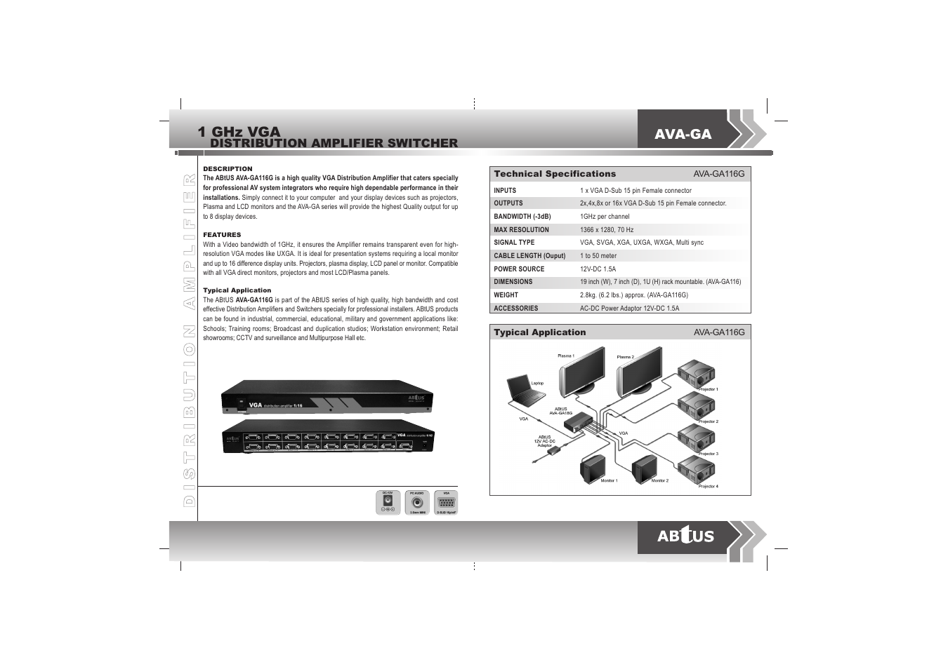 1 ghz vga, Ava-ga, Distribution amplifier switcher | ABtUS AVA-GA116G User Manual | Page 2 / 2