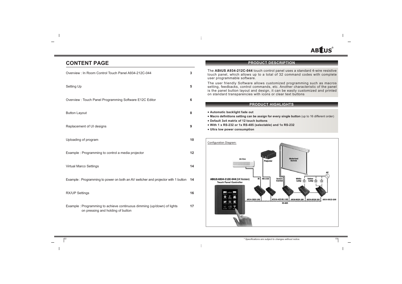 Content page | ABtUS A934-212C-044 User Manual | Page 2 / 9