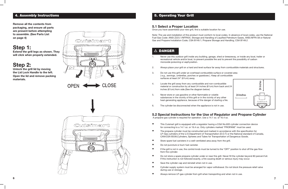 Step 1, Step 2, Assembly instructions | Operating your grill 5.1 select a proper location, Danger | Cuisinart Portable LP Gas Grill CGG-180T User Manual | Page 4 / 7