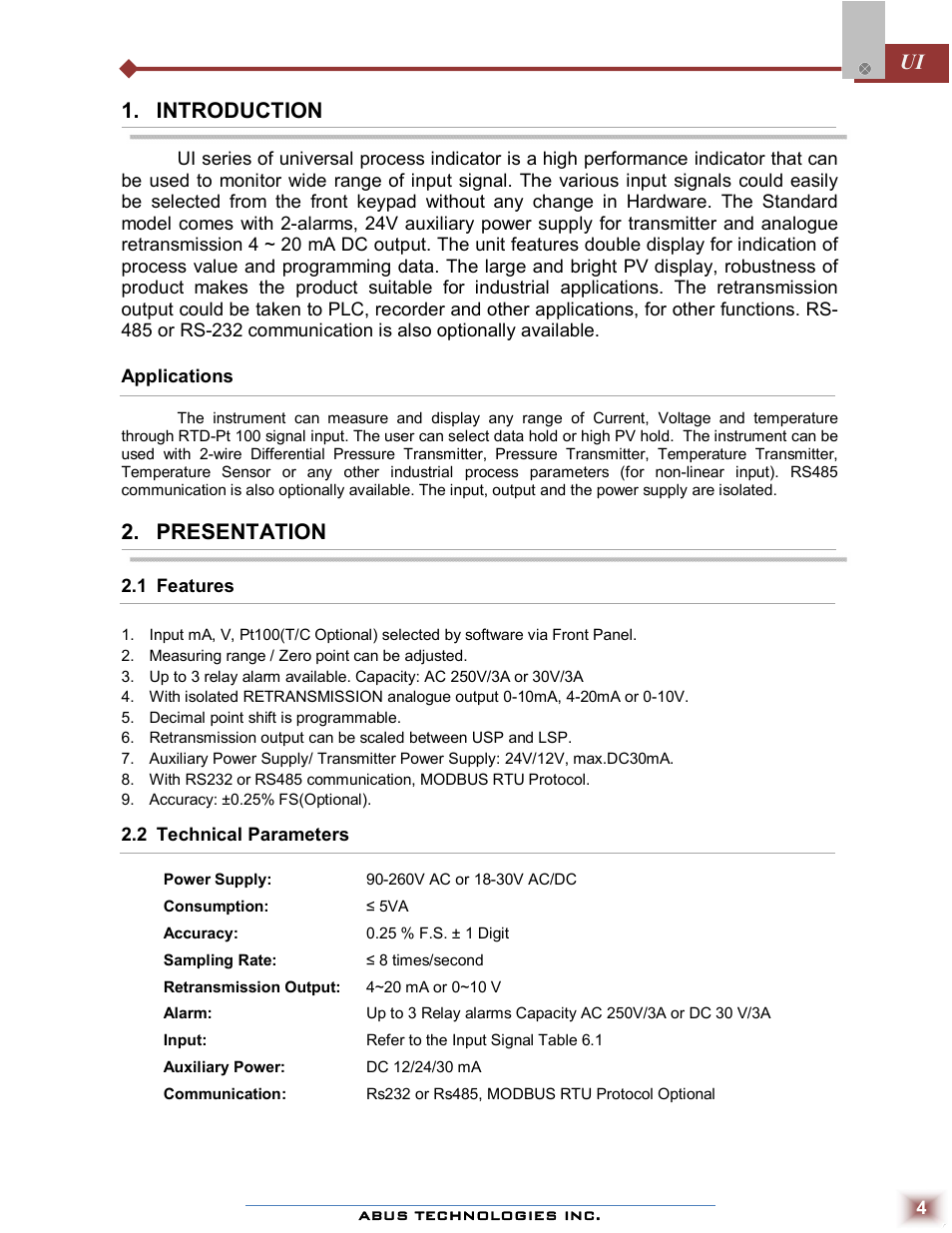 Ui 1. introduction, Presentation | ABUS Technologies UI Series of Big Digit Process Indicator User Manual | Page 4 / 10
