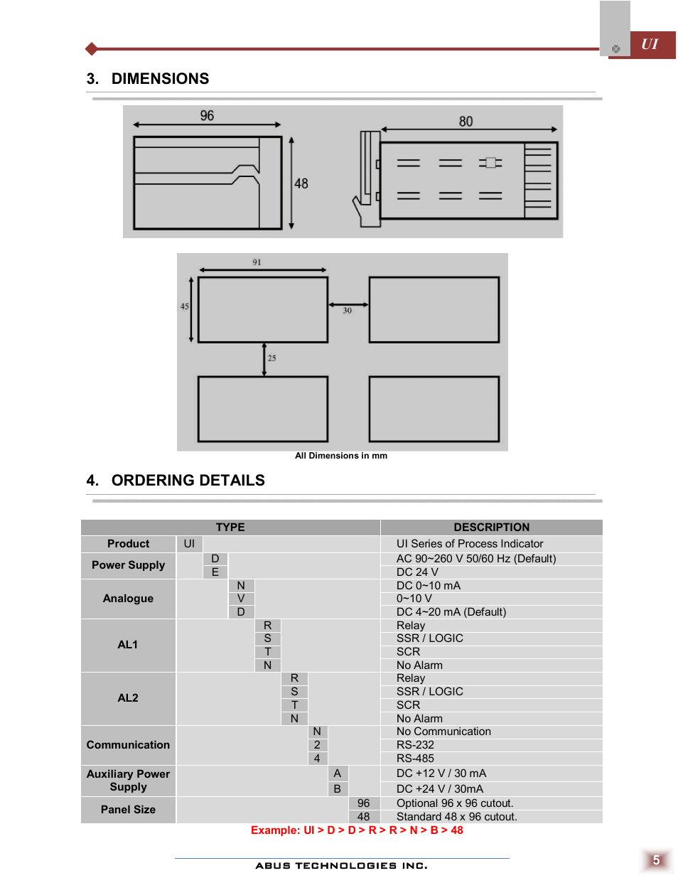 Ui 3. dimensions, Ordering details | ABUS Technologies UI Series of Big Digit Process Indicator User Manual | Page 5 / 10