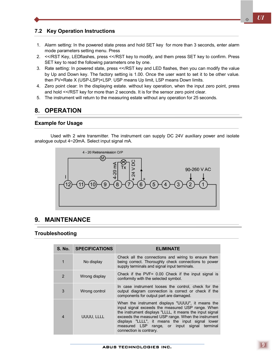 Operation, Maintenance | ABUS Technologies UI Series of Big Digit Process Indicator User Manual | Page 9 / 10