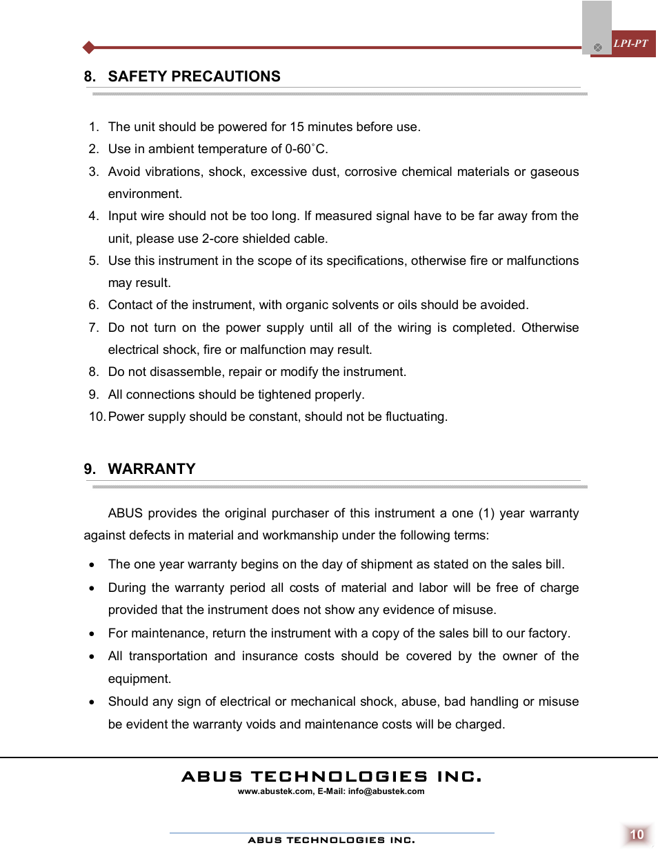 Abus technologies inc | ABUS Technologies LPI-PT Loop Powered Indicator User Manual | Page 10 / 10