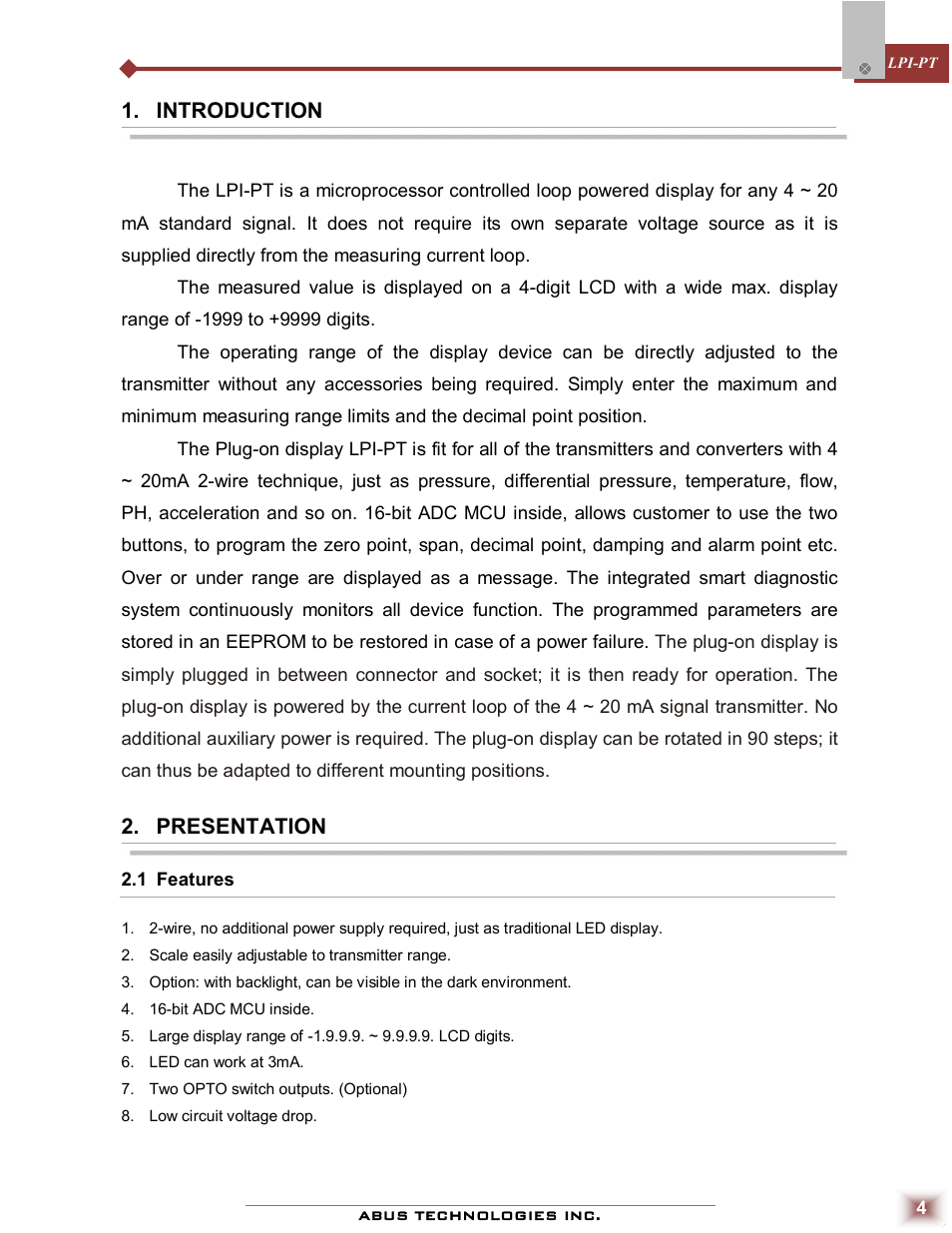 Introduction, Presentation | ABUS Technologies LPI-PT Loop Powered Indicator User Manual | Page 4 / 10