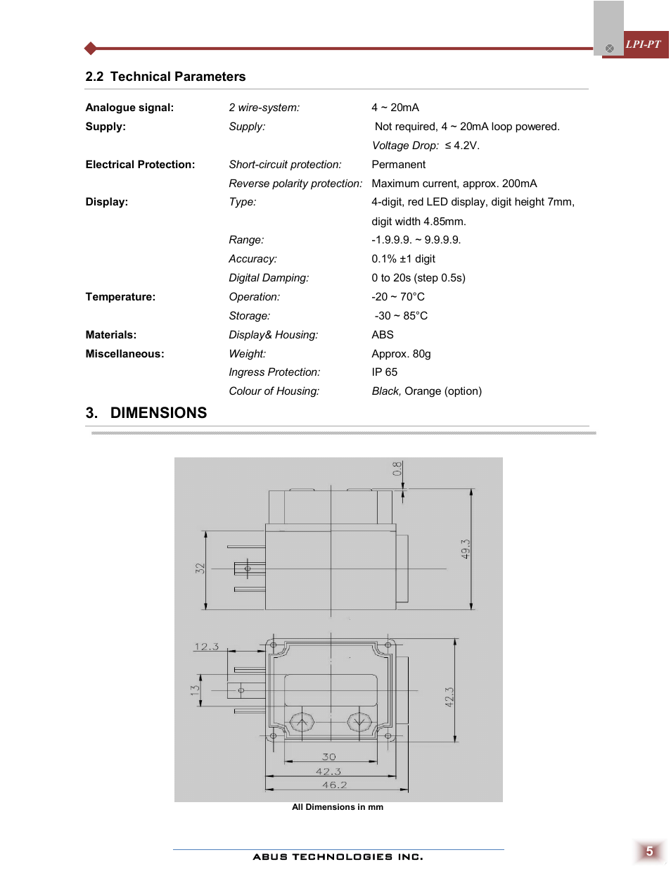 Dimensions | ABUS Technologies LPI-PT Loop Powered Indicator User Manual | Page 5 / 10
