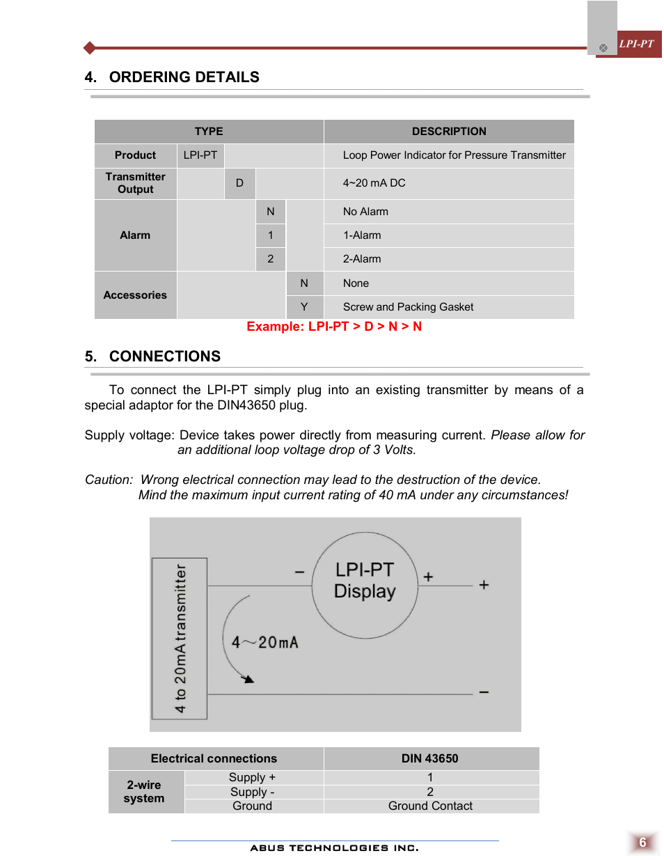 Ordering details, Connections | ABUS Technologies LPI-PT Loop Powered Indicator User Manual | Page 6 / 10