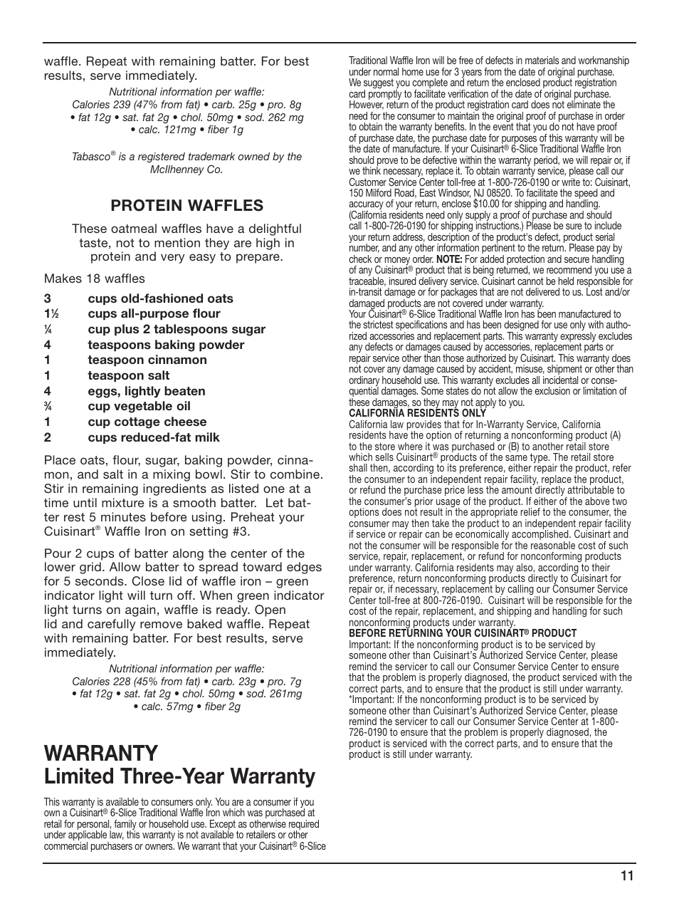 Warranty limited three-year warranty, Protein waffles | Cuisinart WAF-6 User Manual | Page 11 / 13