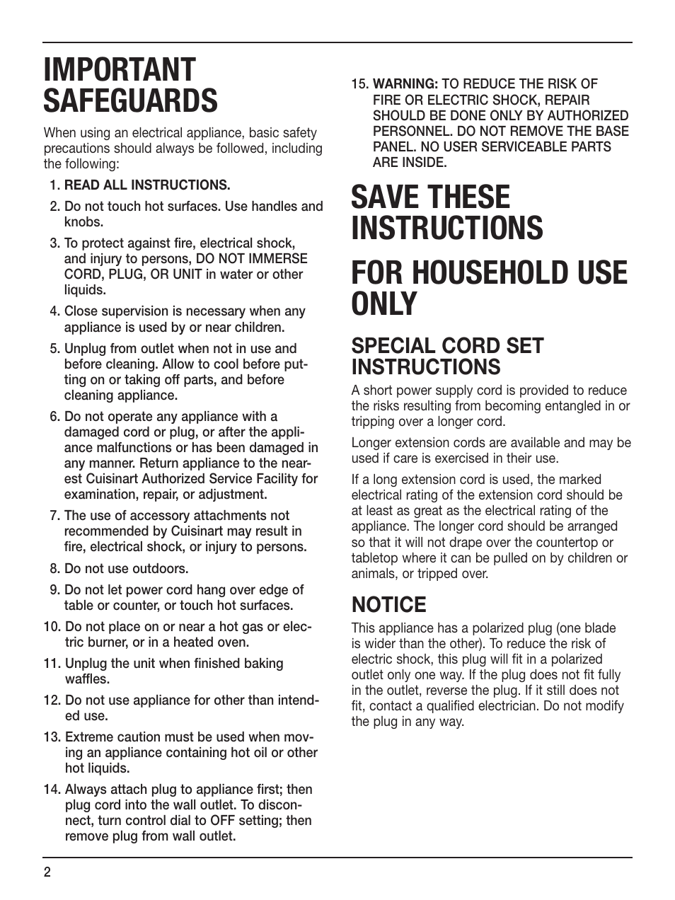 Important safeguards, Save these instructions for household use only, Special cord set instructions | Notice | Cuisinart WAF-6 User Manual | Page 2 / 13
