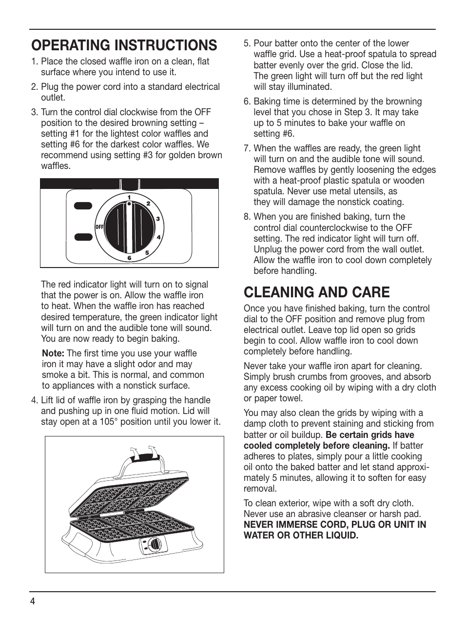 Operating instructions, Cleaning and care | Cuisinart WAF-6 User Manual | Page 4 / 13