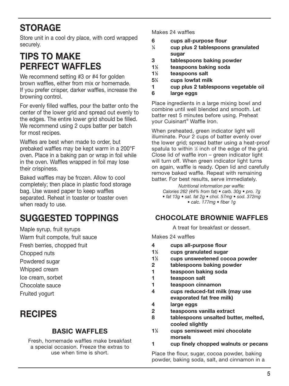 Storage, Tips to make perfect waffles, Suggested toppings | Recipes, Basic waffles, Chocolate brownie waffles | Cuisinart WAF-6 User Manual | Page 5 / 13