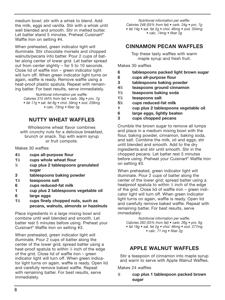 Nutty wheat waffles, Cinnamon pecan waffles, Apple walnut waffles | Cuisinart WAF-6 User Manual | Page 6 / 13