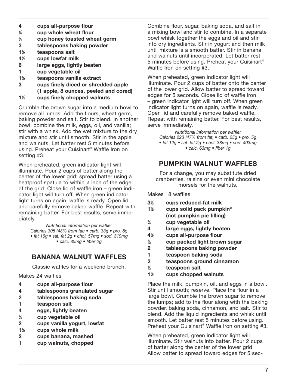 Banana walnut waffles, Pumpkin walnut waffles | Cuisinart WAF-6 User Manual | Page 7 / 13